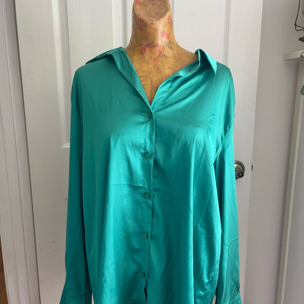 Green silk button down long sleeve